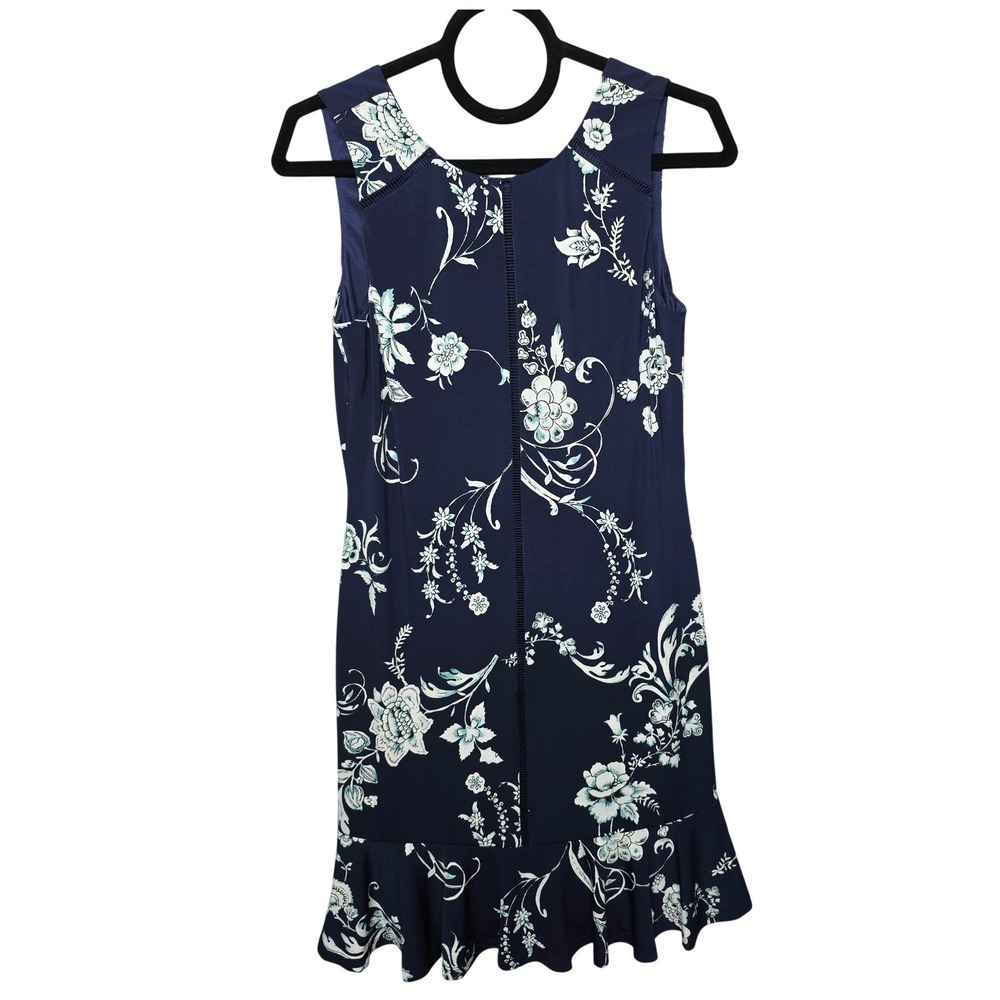 White House Black Market Dress Women Small Navy Blue Floral Flounce Sleeveless